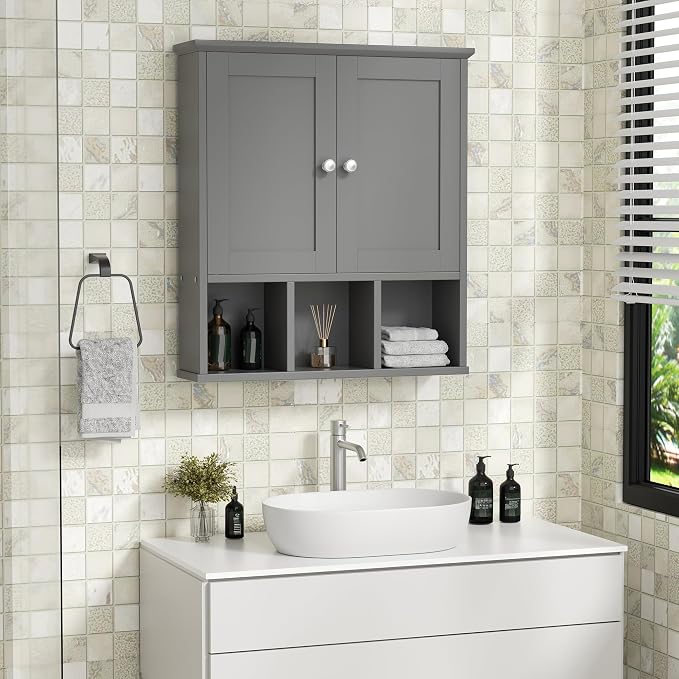 Shintenchi Bathroom Medicine Cabinet, Wall Mounted, Adjustable Shelf, Gray | Over The Toilet Cupboard, Open & Concealed Storage, 2 Magnet Doors, Space-Saving, Easy to Clean