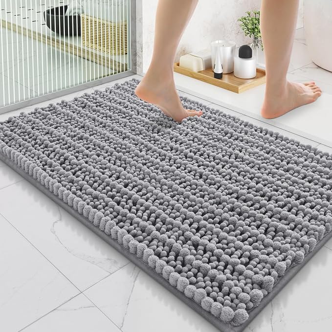 Smiry Bathroom Rugs 35X24, Extra Soft Rubber Backing Chenille Bath Mats | Grey Machine Washable Non Slip Quick Dry Bath Mats for Bathroom Floor, Tub, Shower, Home Decor Accessories