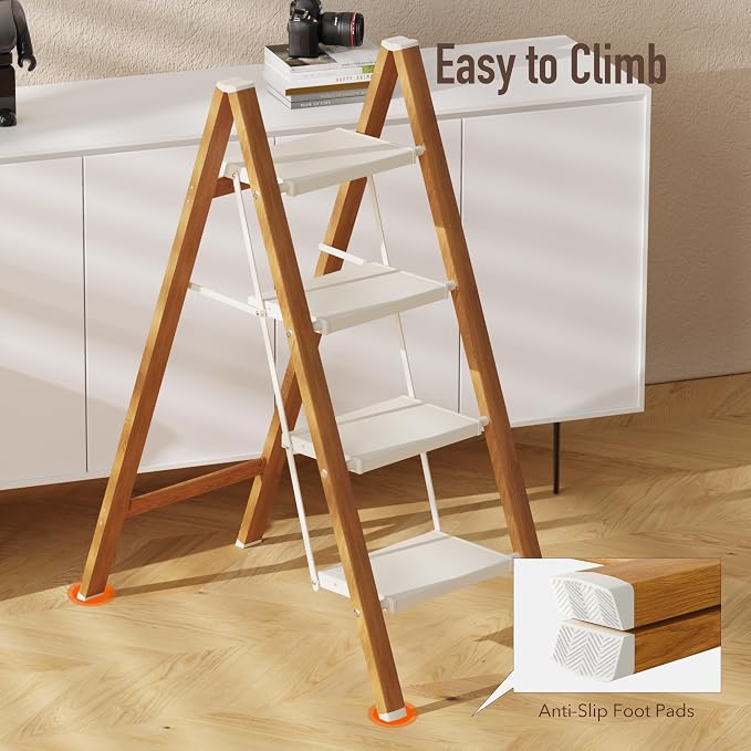 Mayi Plus 4 Step Stool Foldable, Aluminum, Lightweight Step Ladder | Extra-wide anti-slip folding steps with 330 lbs, for home,kitchen,office,outdoor,White & Woodgrain.