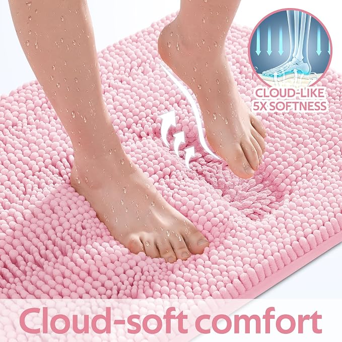 Christmas Striped Pink Bathroom Rug Mat Set 2 piece 32"x20"+24"x17" Ultra Soft, Non Slip Chenille Bath Rugs, Absorbent Plush Shaggy Bath Mats for Bathroom, Bedroom, Kitchen, Shower, Tub