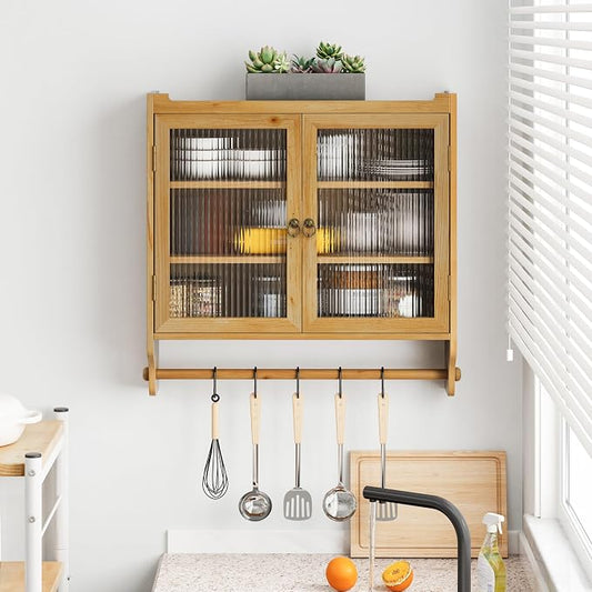 Double Glass Door Wood Wall Cabinet with Detachable Shelves,Natural | Glass Doors, Farmhouse Over The Toilet Storage Cabinets, Adjustable Shelves, Towel Bar, 3-Tier Wall Mounted Cabinets