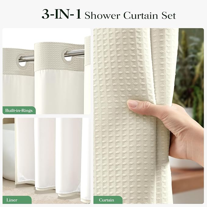 Cream Hook Free Waffle Shower Curtain & Snap-in Fabric Liner,60x75 | Less Time to install, 3 in 1 Fabric Shower Curtain and Liner Set with Magnets, Stall, Shower Curtains for Bathroom