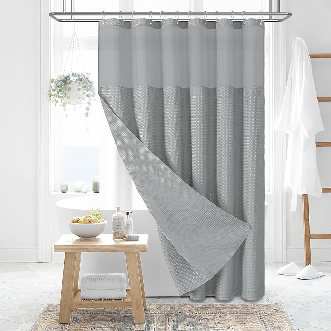 Extra Long Shower Curtain, 84 Inch Long Waffle Fabric Shower Curtain for Bathroom, Tall Waterproof Cloth Shower Curtain Liner Set with Hook, Snap in Liner, Mesh Top Window, Dark Grey, 72x84