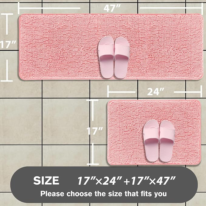 Bathroom Rugs Sets 2 Piece – Absorbent and Washable Bath Mat, Non-Slip, Thick Soft Chenille Bath Rugs for Bathroom Floor, Shower, Sink(17" x 24"+17" x 47", Pink)