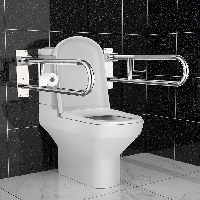 Folding Toilet Grab Bar 32 Inch Chrome, Munzong Anti-Slip Handicap Grab Bar | Flip-Up Bathroom Safety Rails Stainless Steel Knurled Support handrails for Seniors Elderly Disabled Pregnant