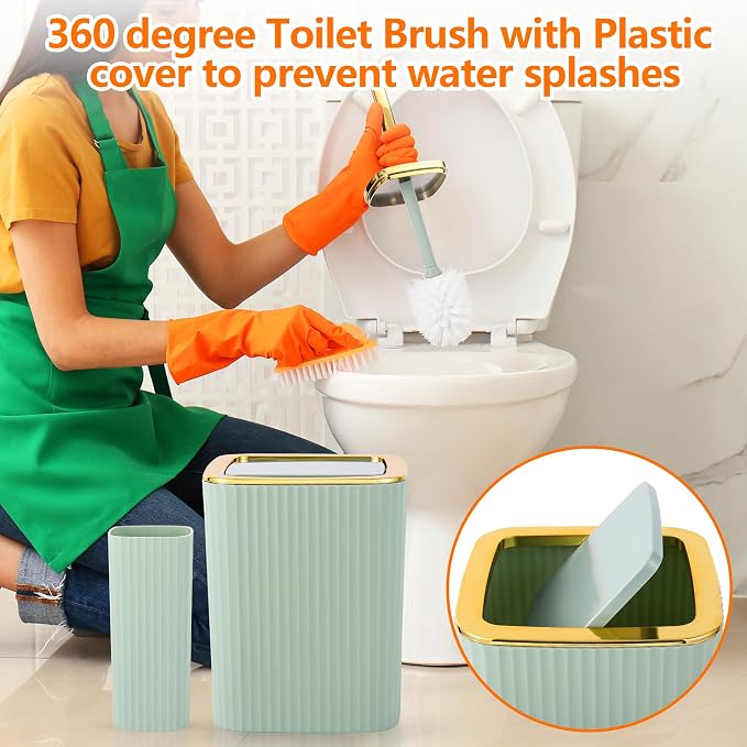 9 PCS Green Bathroom Accessories Set with Trash Can Bathroom Accessory | All-in-One Kit with Trash Can,Toothbrush Holder,Soap Dispenser,Toothbrush Cup,Vanity Tray,Soap Dish,Toilet Brush etc for Home