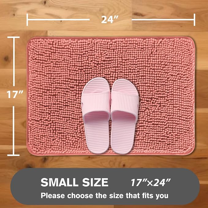 Coral Bathroom Rugs – Absorbent and Washable Bath Mat, Non-Slip, Thick Soft Chenille Bath Rugs for Bathroom Floor, Shower, Sink - 17" x 24"