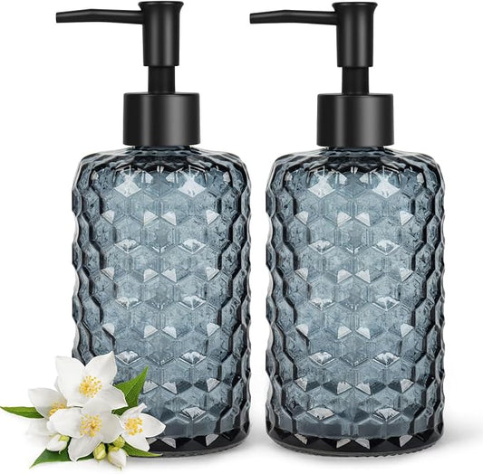 Topsky 2 Pack Glass Soap Dispenser with Plastic Pump, 475ml Liquid Hand Soap Dispenser, Rustproof Pump for Kitchen & Bathroom, Great for Lotions, Essential Oil, Liquid Soaps-Grayish Blue