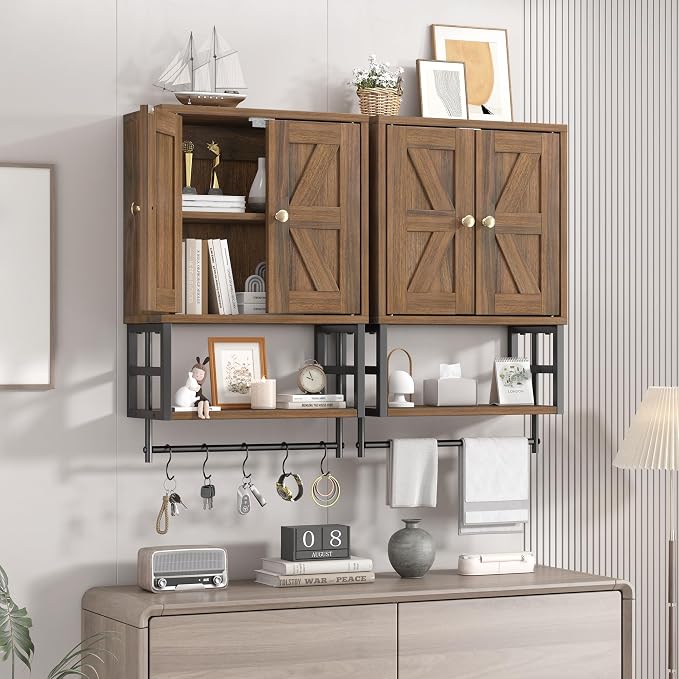 Bathroom Wall Cabinet, Farmhouse Medicine Storage with Towel Bar, Walnut | 2 Doors & Adjustable Shelves 5 Hooks, 3-Tier for Over-Toilet, Laundry, Living, Bedroom, Kitchen, Space Saving