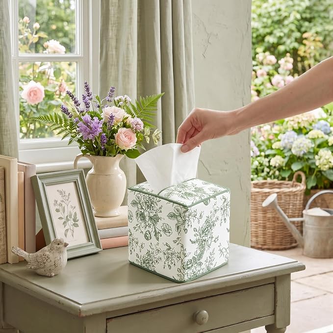 Green Fabric Tissue Box Cover Floral Print Cotton Tissue Box Decorative Square Napkin Holder Vintage Cottagecore Home Decor for Bathroom Bedroom Vanity Countertop Home Office Kitchen