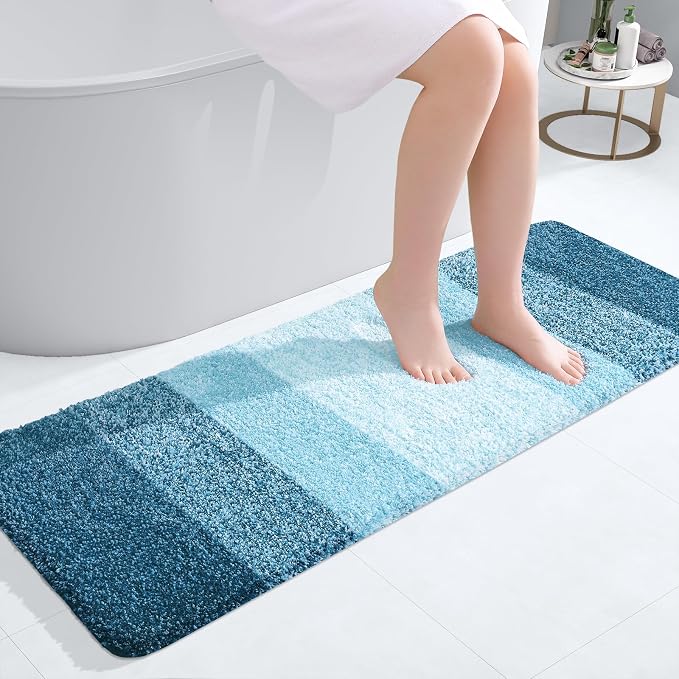 OLANLY Bathroom Runner Rug 47x17, Extra Soft Absorbent Microfiber Bath Rugs | Peacock Blue, Non-Slip Quick-Drying Rubber Backing, Washable Long Bath Mat for Floor, Tub and Shower, Home Decor