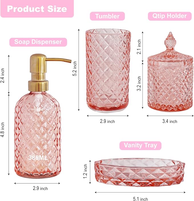 LaMarriti Pink Bathroom Accessories Set, 4Pcs Clear Glass Bathroom Set | Soap Dispenser and Toothbrush Holder Set, Soap Dish, Q-tips Holder for Crystal Glass Vintage Bathroom Decor, Gift Set