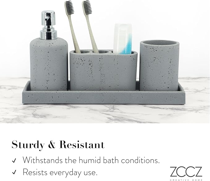-Beige Bathroom Accessories Set 4 Pcs - Toothbrush Holder, Soap Dispenser, Vanity Tray, Bathroom Tumbler - Countertop Vanity Organizer - Bathroom Accessory Set- Toothbrush Holder Set, Stone Sets