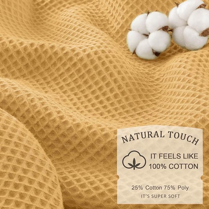 Waffle Weave Shower Curtain Heavyweight Cotton Fabric Gold 72Wx72L | Soft Cotton Cloth,3D Square Truely Waffle Washable, Hotel Luxury Spa, Shower Curtain Set for Bathroom 12 Plastic Hooks