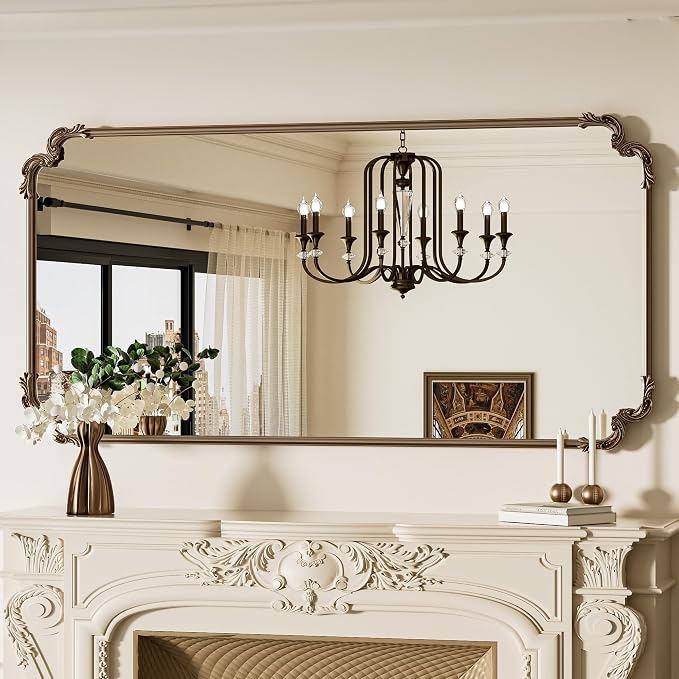 Vintage Antique Gold Rectangle Mirror for Mantle Fireplace 60 x 30 Traditional Baroque Ornate Scroll Wall Mirror with Metal Frame for Living Room Bedroom, Horizontal/Vertical