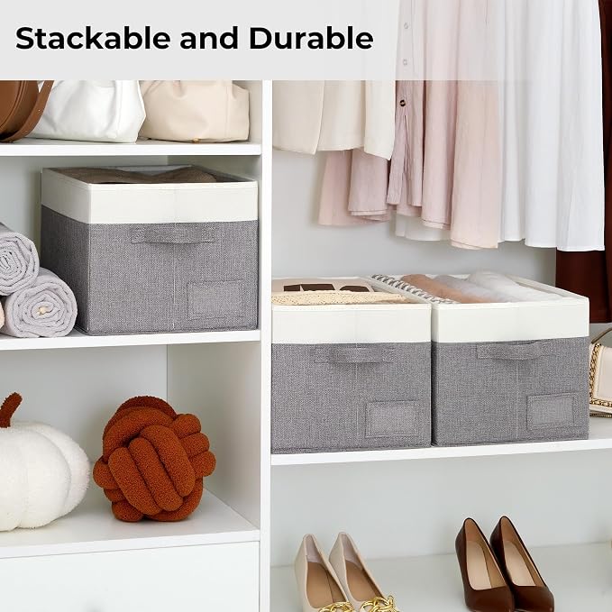 GRANNY SAYS Closet Storage Bins with Label, Gray&White, Large, 3-Pack | Fabric Storage Bins for Clothes, Closet Organization Bins, Collapsible Storage Bins with Handles, Decorative Storage Box
