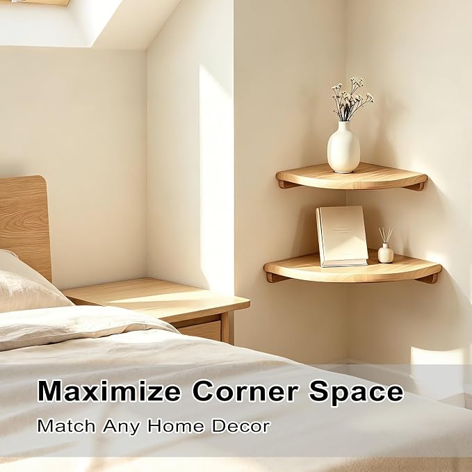 Floating Corner Shelves, 2 Pack Solid Wood Round End Wall Mount | 8.7"& 7.1" sizes with cable hole, holds small decor, plants & speakers; ideal for bedroom, kitchen, living room, bathroom