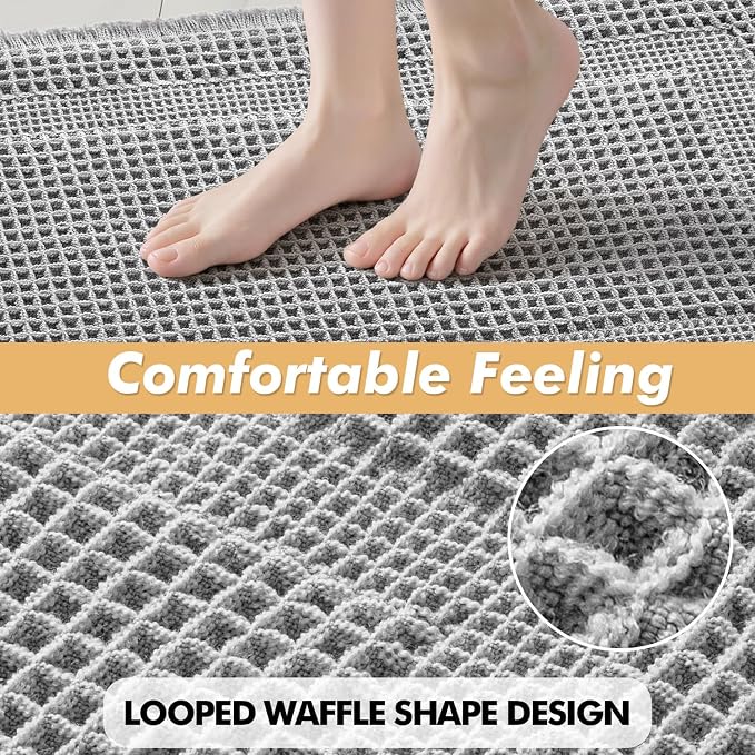 MIULEE Set of 2 Waffle Bathroom Rugs Light Grey Boho Bath Mat 18x30 in | Looped Design, Super Absorbent, Non Slip, Washable, Ultra Soft, Rubber Backed, Bathroom Mats for Floor Tub Shower