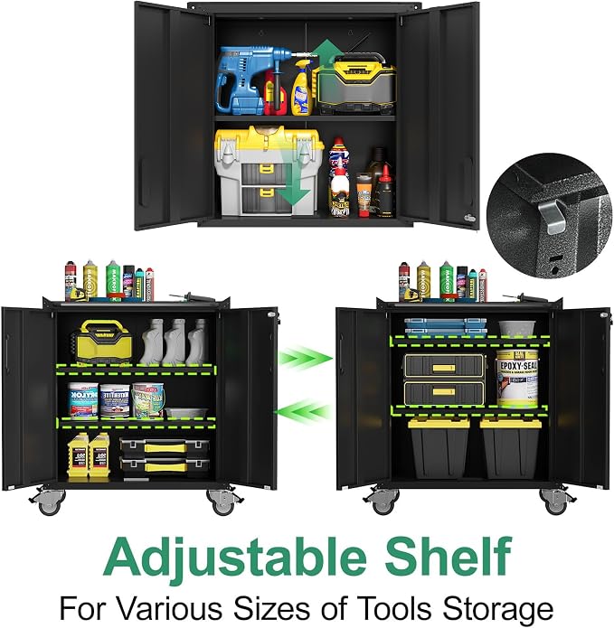 Garage Storage Cabinet System,Wall Cabinet & Locking Rolling Tool Cabinet with Doors and Adjustable Shelves