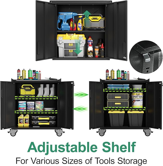 Garage Storage Cabinet System,Wall Cabinet & Locking Rolling Tool Cabinet with Doors and Adjustable Shelves