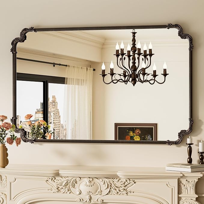 Baroque Antique Bronze Scroll Wall Mirror 48 x 30 Vintage Rectangle Framed Baroque French Rectangular Mirror for Mantle Fireplace Bathroom Living Room, Horizontal/Vertical