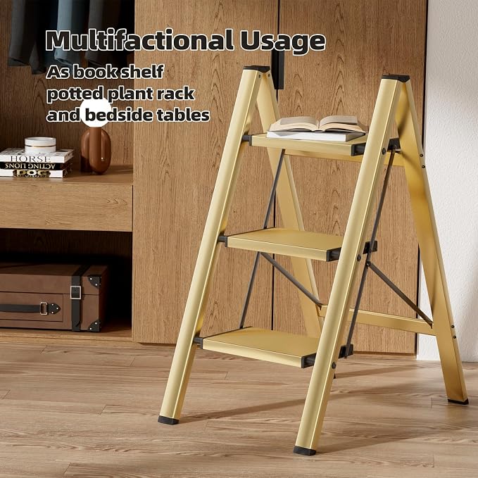 HillhutApex Aluminum Step Stool Foldable,3 Step Ladder (Gold) | Lightweight Portable step ladder with Anti-Slip Wide Pedal,330lbs Capacity Ladder for Household,Office,Kitchen