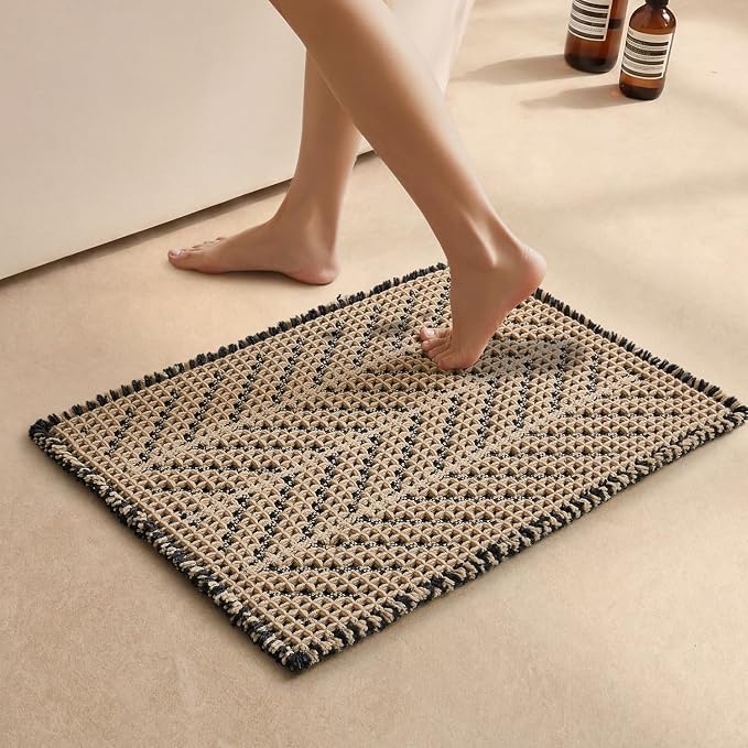 Sunfly Waffle Bath Mat, Boho Bathroom Rugs Non Slip Washable Super Absorbent Quick Dry Bath Mat Farmhouse Bathroom Decor, 16"x24" Black &Khaki