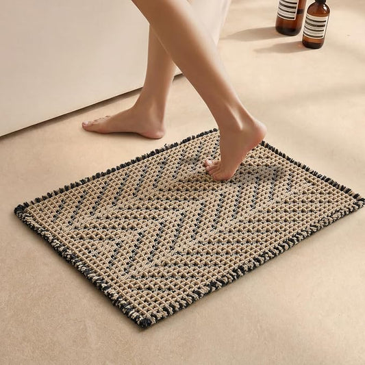 Sunfly Waffle Bath Mat, Boho Bathroom Rugs Non Slip Washable Super Absorbent Quick Dry Bath Mat Farmhouse Bathroom Decor, 16"x24" Black &Khaki