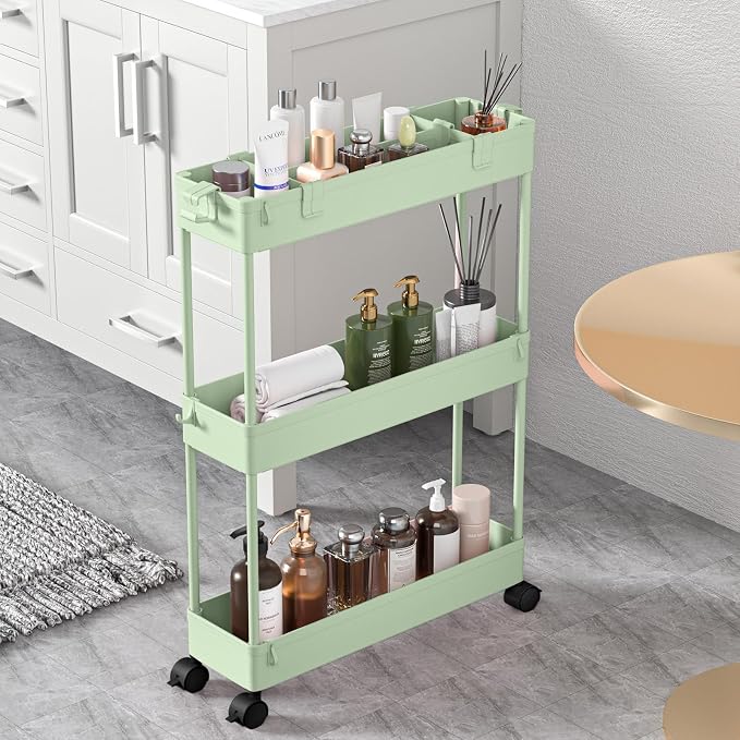 Slim Storage Cart 3 Tier,Bathroom Organizer Rolling Utility,Mobile Shelving Unit Slide Out for Office, Kitchen, Laundry Room & Narrow Places，Green