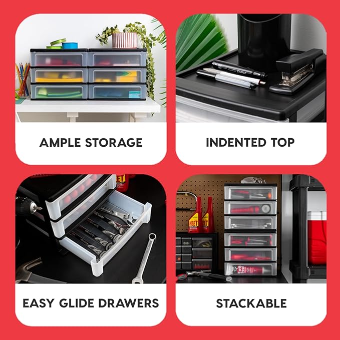 IRIS USA 3-Drawer Medium Plastic Stacking Desktop Organizer, Black | Keep dorm desks organized with drawers for school supplies, makeup, snacks, chargers and everyday college essentials