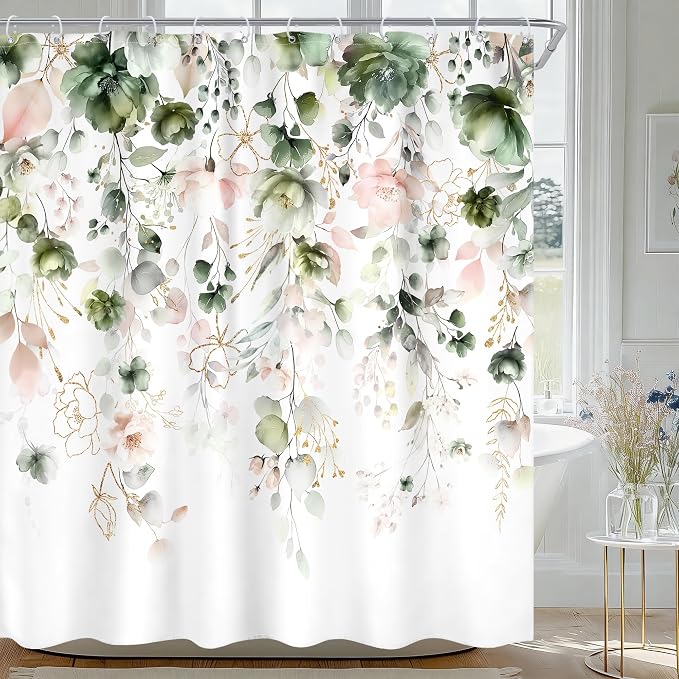 Green Pink Floral Spring Summer Rustic Bathroom Shower Curtain Set | 72"W x 72"L Flower Eucalyptus look, waterproof HD printed shower curtain, quick-dry fabric and free hooks.