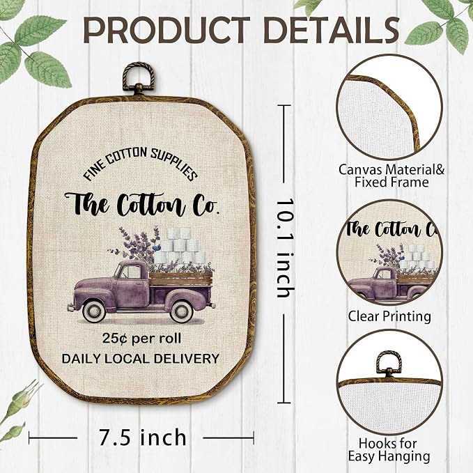 Yjeslw Funny Lavender Truck Botanical Bathroom Octagon Wall Art Decor | Farmhouse Truck Framed Canvas Prints, Cottagecore Flower Wall Hanging Decorations for Bath Room Washroom Toilet, 10.2x7 Inch
