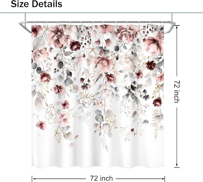 Floral Grey Pink Leaves Girls Watercolor Bathroom Shower Curtain Set | 72"W x 72"L Flower Blossom style, clear shower print, fast-dry fabric and hooks for a simple bath update.