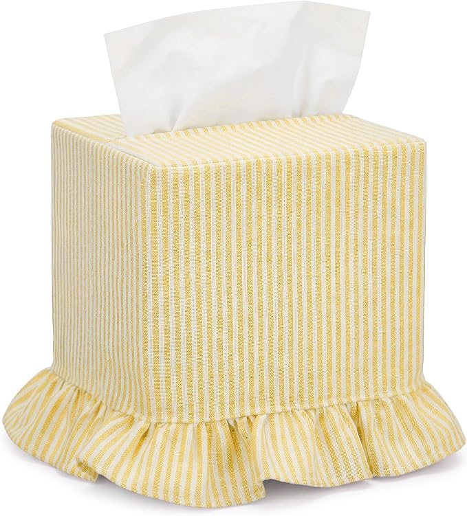 Sawysine Yellow White Striped Fabric Tissue Box Cover Summer Theme Ruffled Square Napkin Holder Fresh Style Decorative Sleeve for Home Bedroom Bathroom Kitchen Office Indoor Home Summer Decor