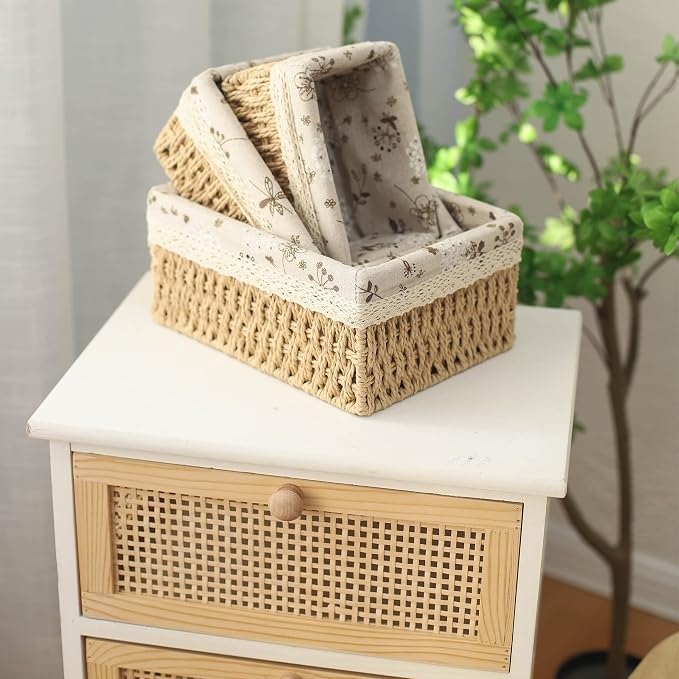 YRHOME YRMT Storage Baskets Set of 3,Decorative Paper Rope Woven storage Baskets with Liner,Rectangular Storage Bins Container for Makeup Bedroom Shelves Organizing,Home Deco, Beige