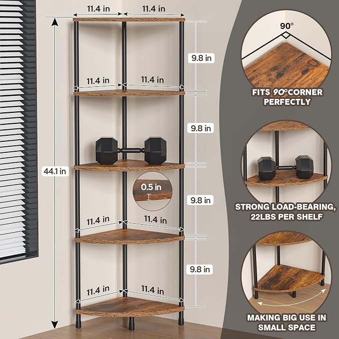 Corner Plant Stand Shelf, 5 Tier Tall Shelf Plant Stand for Indoor Plants, Rustic Brown Corner Bookshelf Wall Decor Living Room, 44.1" Display Shelf for Bedroom, Bathroom, Small Space