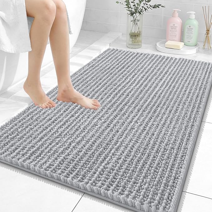 OLANLY Large Bathroom Rugs 40x32, Thick Soft Absorbent Chenille Bath Rugs | Light Grey, Quick-Drying Rubber Backing, Shaggy Bath Mat, Machine Washable for Floor, Tub and Shower, Home Decor Accessories