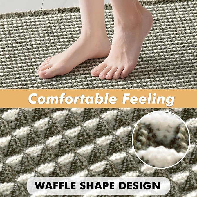 MIULEE Set of 2 Waffle Bathroom Rugs Green&Cream Bath Mat 17"x24"+20"x47" | Non Slip, Super Absorbent, Washable, Ultra Soft, Rubber Backed, Small Boho Bath Rug and Bathroom Runner for Floor Tub Shower