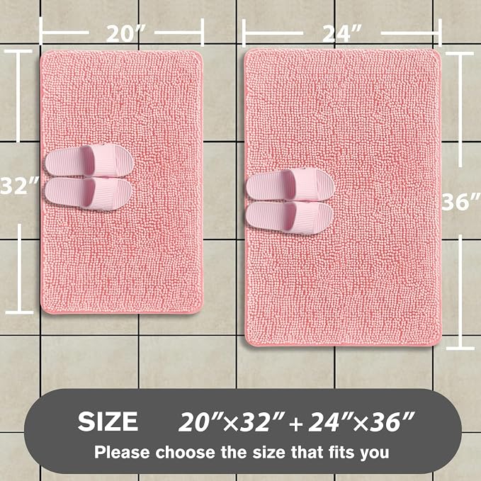 Pink Bathroom Rugs Sets 2 Piece – Absorbent and Washable Bath Mat, Non-Slip, Thick Soft Chenille Bath Rugs for Bathroom Floor, Shower, Sink - 20" x 32"+24" x 36"