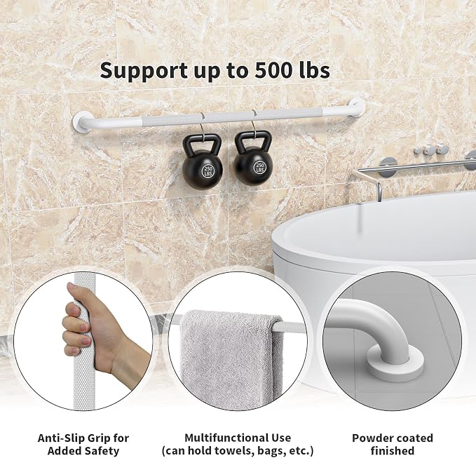 ZUEXT 42 Inch Extra Long White Anti Slip Knurled Safety Grab Bar for Shower | Stainless Steel Bathroom Safety Assist Handle, Heavy Duty Wall Mounted, Balance Support Rail for Seniors Handicap, 1.25" Dia