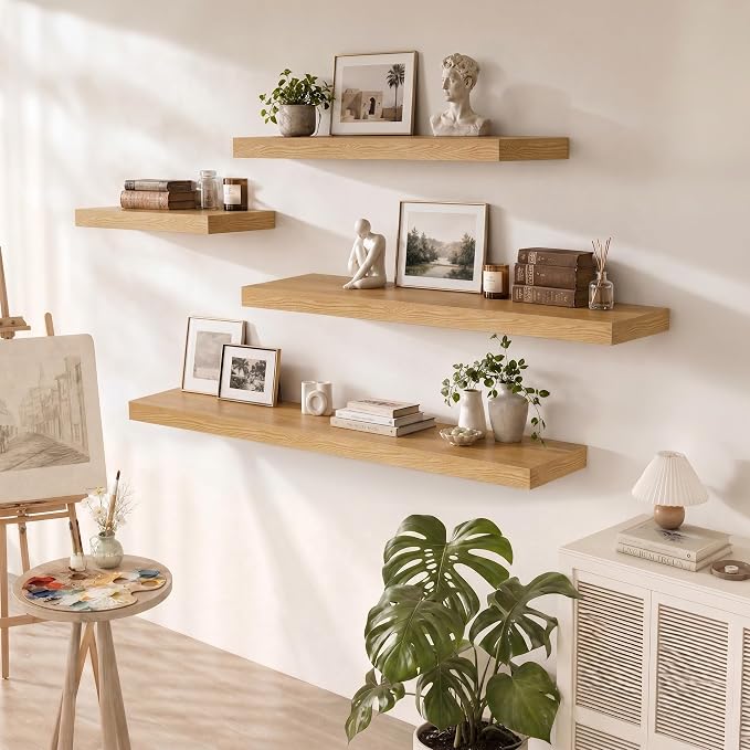 12 Deep Floating Shelves for wall,48 Inch Extra Long Large Wall Shelves Set of 2,2 Inch Thick Heavy Duty Floating Wall Mounted Shelves,Floating Shelf for Fireplace Mantel,Oak Color