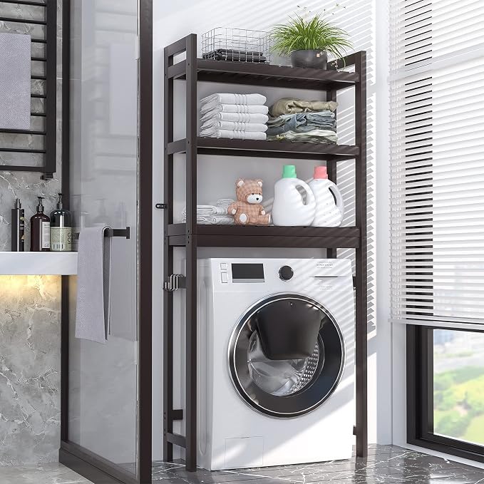 Over The Toilet Storage, Bamboo 3-Tier Over-The-Toilet Space Saver Organizer Rack, Stable Freestanding Above Toilet Stand with 3 Hooks for Bathroom, Restroom, Laundry, Espresso