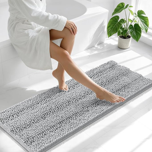 Smiry Thick Chenille Bathroom Runner Rugs 44x24, Soft Bath Mat, Light Grey | Quick‑Dry & Machine Washable, Non‑Slip Bath Carpet, Striped Bath Rugs for Tub & Shower, Modern Home Decor Accessories