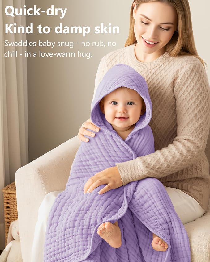 Baby Bath Towels, 100% Muslin Cotton Hooded Baby Towels for Newborn, 2 Pack Baby Towels with Hood for Infant Toddler and Kids, Large 32x32Inch Bath Essentials, Soft and Absorbent