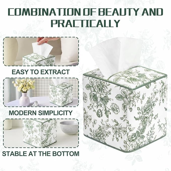 Green Fabric Tissue Box Cover Floral Print Cotton Tissue Box Decorative Square Napkin Holder Vintage Cottagecore Home Decor for Bathroom Bedroom Vanity Countertop Home Office Kitchen