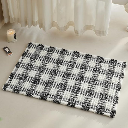 TYUU Waffle Bath Mat, Boho Bathroom Rugs Non Slip Washable Absorbent Checkered Bathroom Mat Quick Dry Farmhouse Bathroom Decor, 30"x20" Black and White