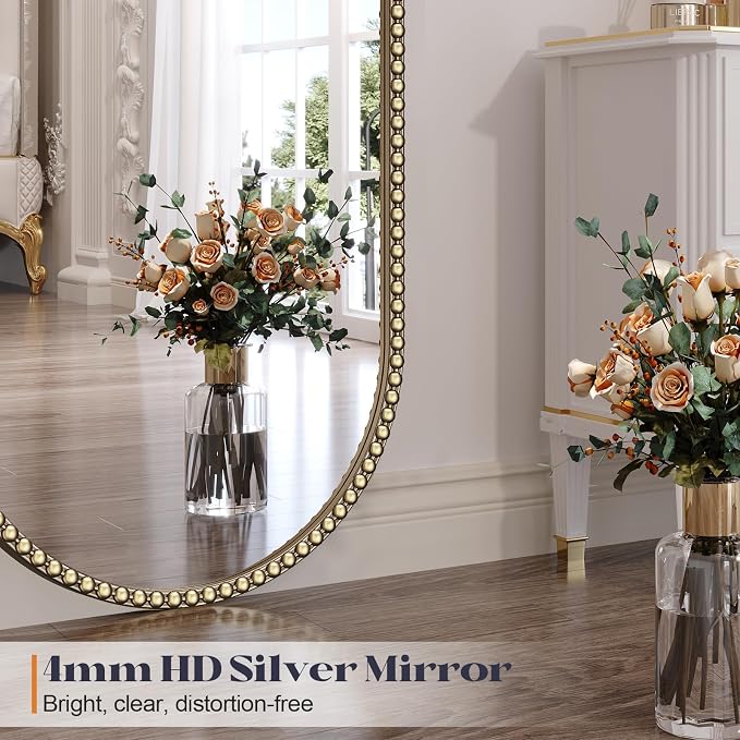 Champagne Bronze Bathroom Mirror,16"x48" Oval Brass Vintage Mirror | Gold Beaded Wall Mirrors with Metal Frame, Antique Vanity Mirror for Over Sink,Entryway,Bedroom,Living Room Fireplace Mantel