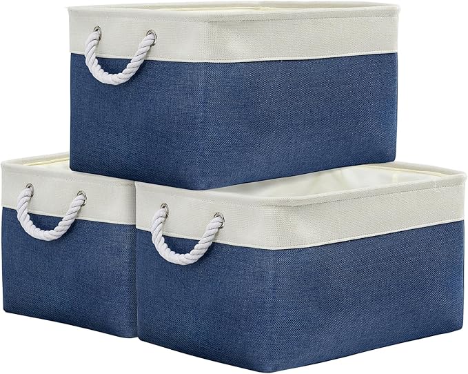 Organization and Storage Basket for Organizing - X Large 3 Pack 17.7L×13.8W×9.8H in Collapsible Storage Bin for Shelves, Basket for Gifts Empty Toys Organizer Gift (White & Jean Blus)