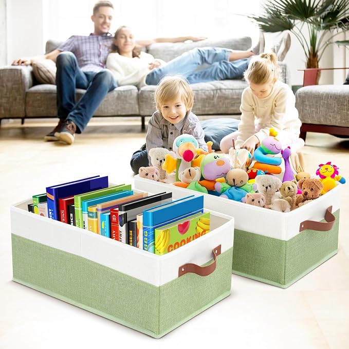 3 Pack Large Capacity Storage Bins Closet Organizer for Shelves | Fabric Closet Storage Baskets Boxes with Leather Handles for Organizing Clothes, Sheets, Jeans, Toys, Books (Green)