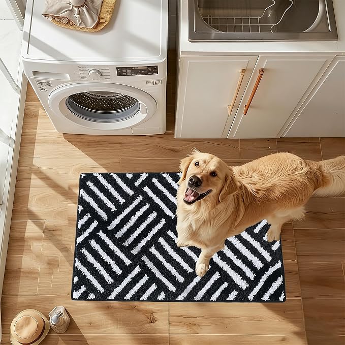 ORTIGIA Striped Black Bathroom Rugs Non Slip Washable, 20x30 Quick Dry Absorbent Soft Plush Microfiber Bath Mats, Bath Rugs for Bathroom Floor Carpet for Sink Bedroom